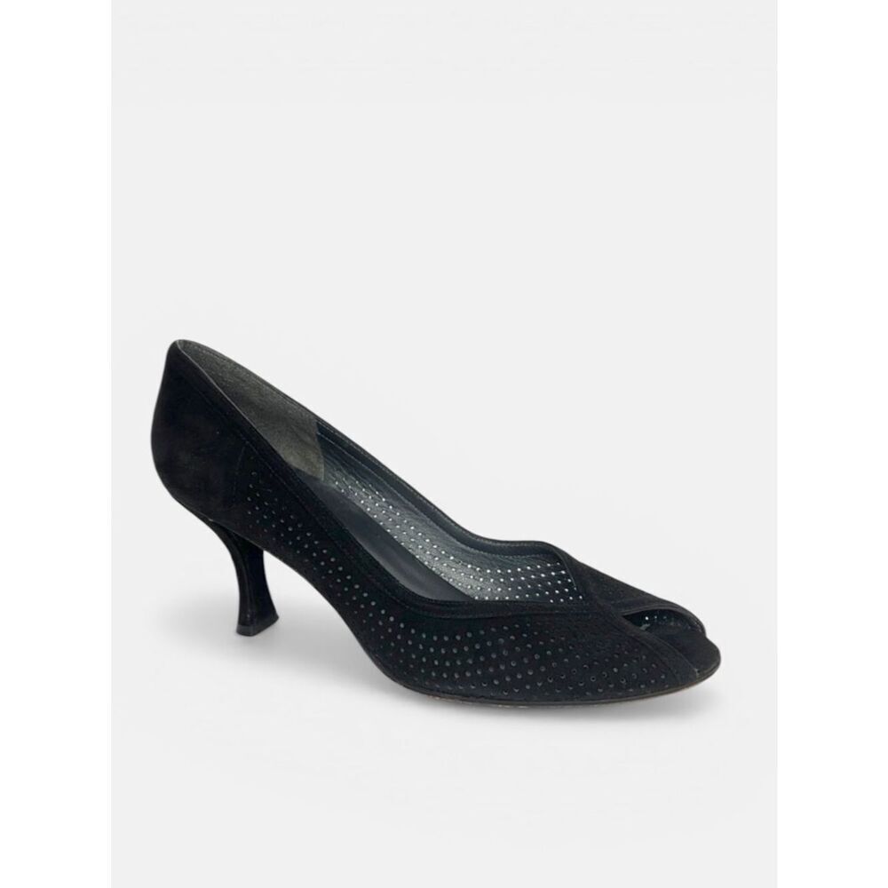 Stuart Weitzman Womens Black Perforated Suede Peep Toe Pumps